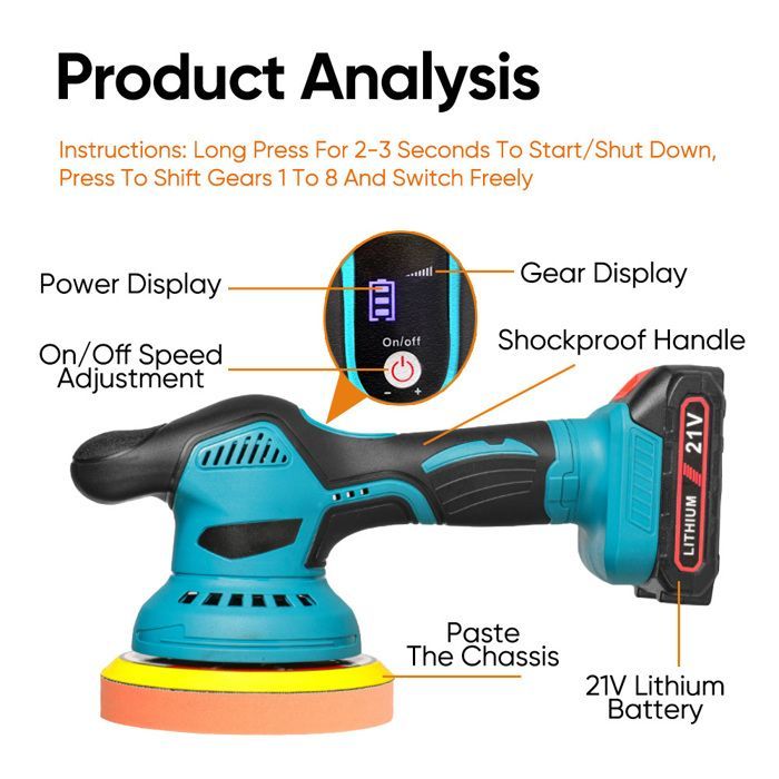 Lijadora inalámbrica de 380 W, 6 velocidades, 6000 rpm, diámetro de 125/150 mm, apta para madera, metal y plástico.