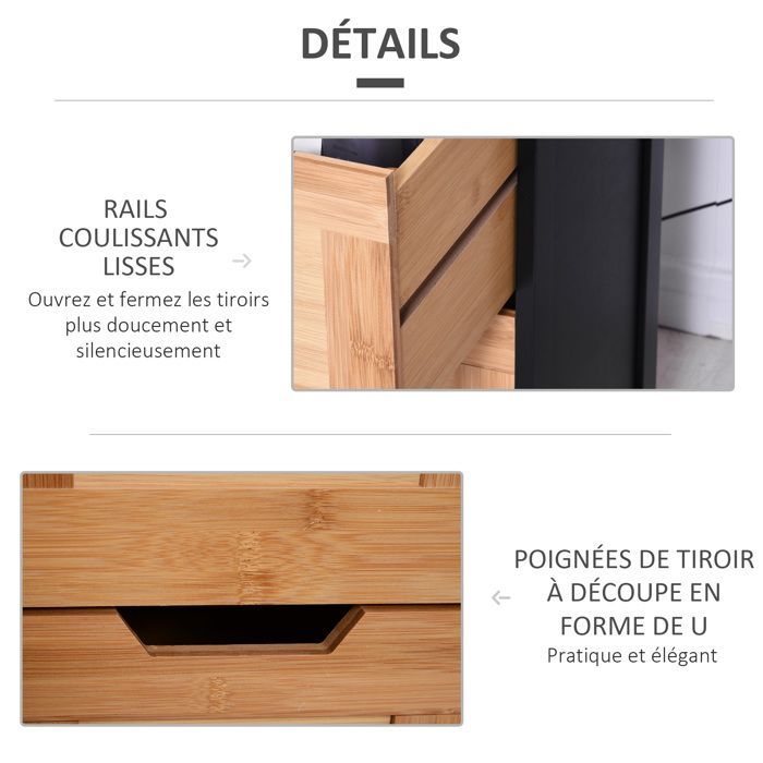 Meuble colonne salle de bain - HOMCOM - style cosy 3 étagères 2 tiroirs rangement gain de place - bambou - 30x30x144cm - noir