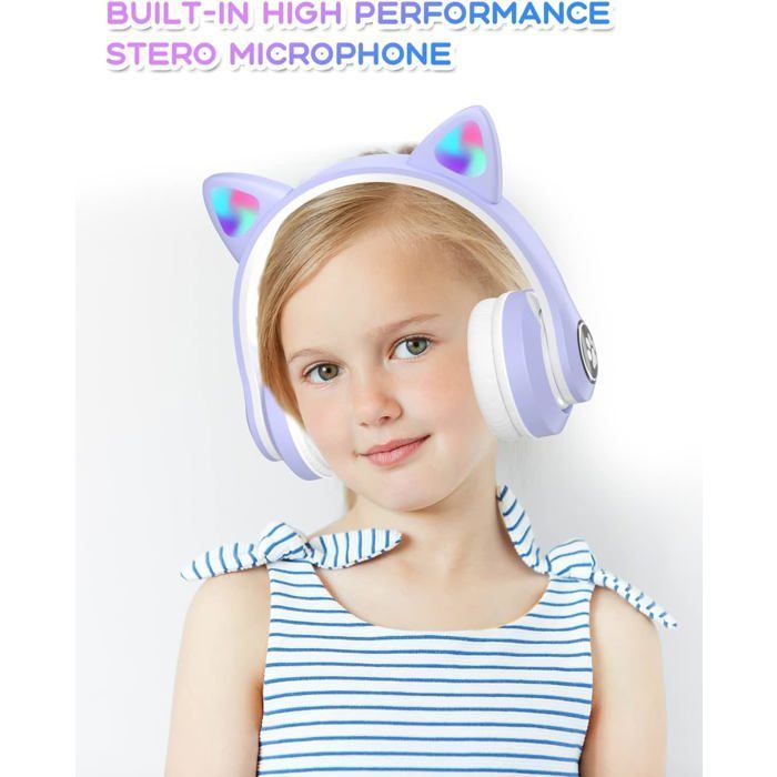 Cuffie Bluetooth per bambini, cuffie Bluetooth pieghevoli per bambini con luci LED e orecchie da gatto, cuffie wireless, viola