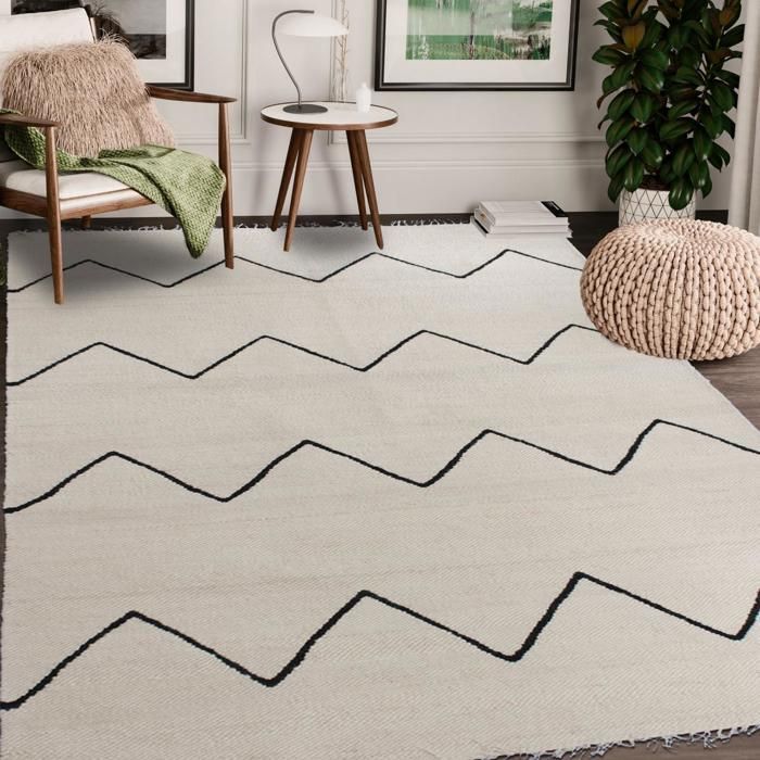 tapis salon 160x230 fait main en laine beige et noir rectangle motif berbère