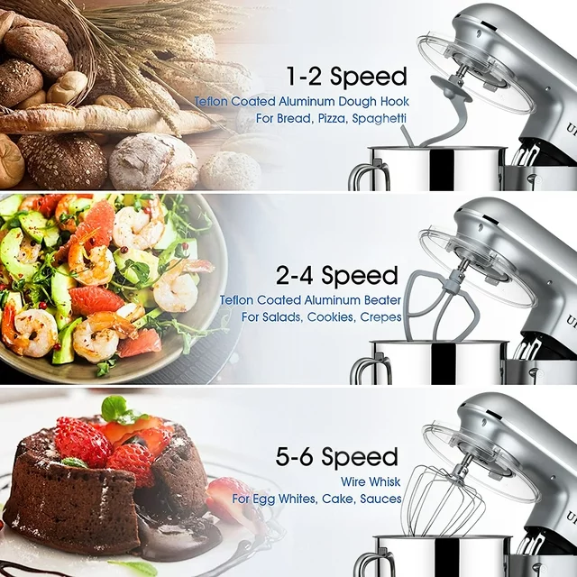 uhomepro 7,5 QT köksmaskin, 6+0+P-hastigheter, tiltbart huvud, 660W degmixer, elektrisk kakmixer för hemmabruk, med degkrok, visp, äggvisp, spatel, diskmaskinssäker