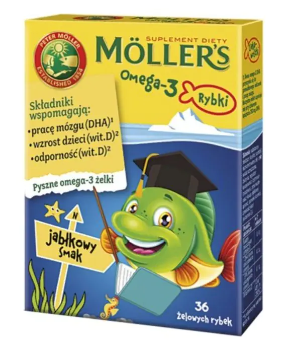 Mollers Omega-3 Rybki, Żelki z kwasami omega-3 i witaminą D3 dla dzieci, Smak jabłkowy