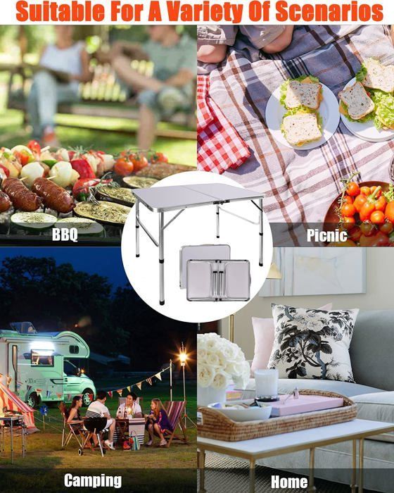White Aluminum MDF Folding Camping Table, 90 x 60 x 37/67 cm, DAYPLUS, Adjustable Height Garden Table with Storage Box (2 Levels)