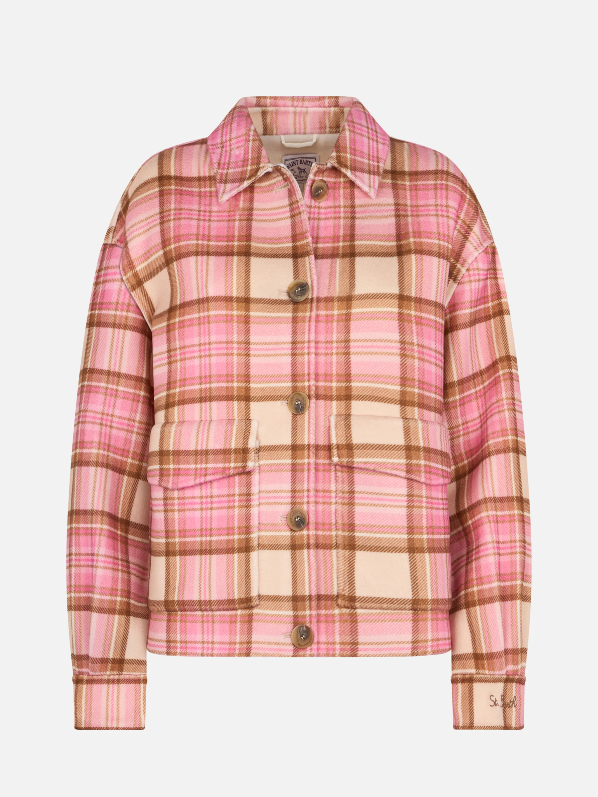 Camisa corta para mujer Bonnibell con estampado de tartán rosa.