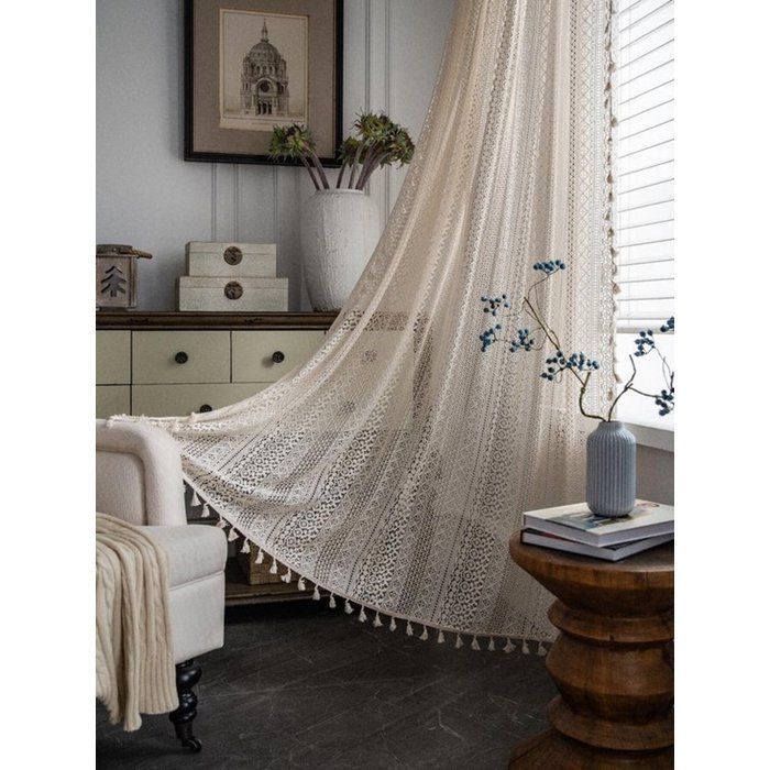 Rideaux bohèmes pour salon, panneaux de rideaux en dentelle vintage à crochets et pompons, 150 x 220 cm, beige