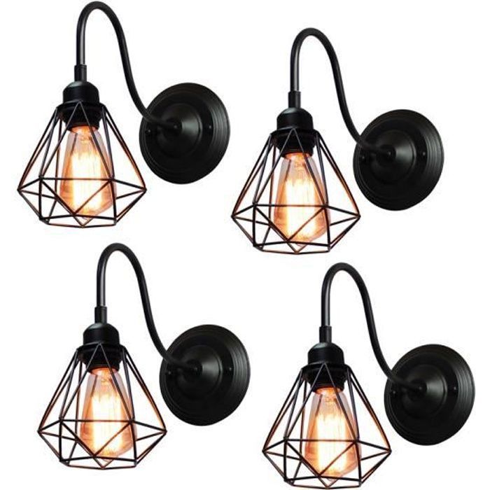 Aplique de pared industrial retro vintage para interiores - WOTTES - 4 bombillas - Casquillo E27 - Metal negro