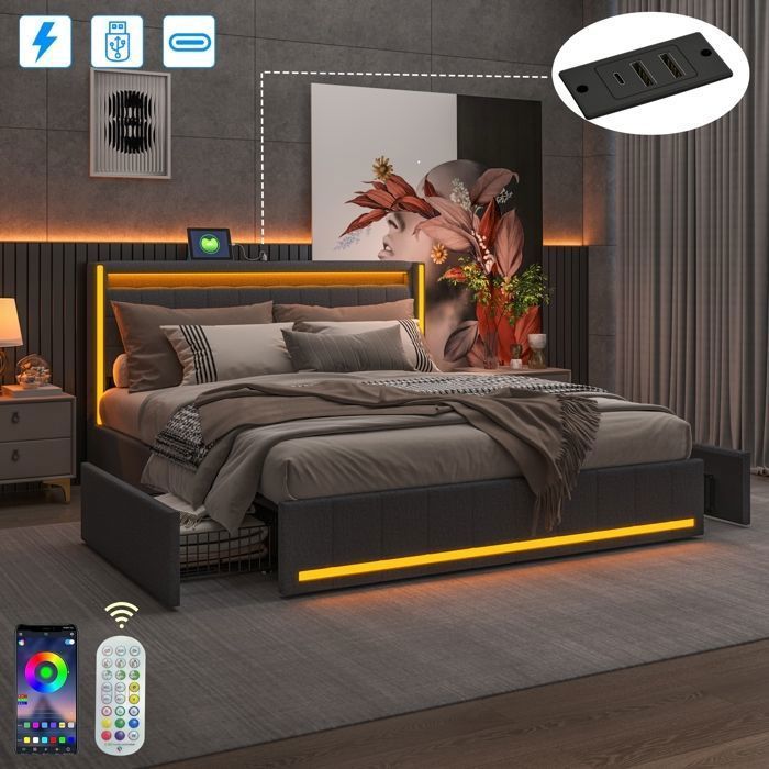 Lit double 160x200 cm - Lit adulte avec LED et chargement USB - 4 tiroirs - sommier à lattes - en lin - gris foncé