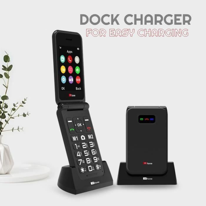 Telefono cellulare TTfone TT760 con tasti grandi e tecnologia 4G, ideale per anziani, con pulsante di assistenza di emergenza (nero, con stazione di ricarica)