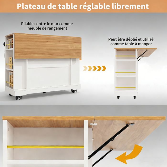 Îlot de Cuisine avec Plateau Extensible - 2 Portes + 2 Tiroirs + Espace de Rangement latéral+Étagères Réglables et 6 Roues