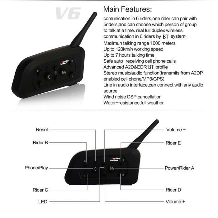 2x Intercom Moto Vnetphone V6-1200 Bluetooth étanche 1200m, micro, jusqu'à 8h, pour 6 motards