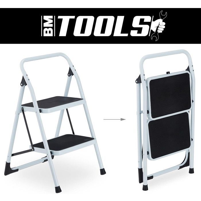 Scala a 2 gradini BM TOOLS BMT-ESC2-ACC, altezza di lavoro 47 cm, facile da riporre, gradini antiscivolo, robusta e durevole.