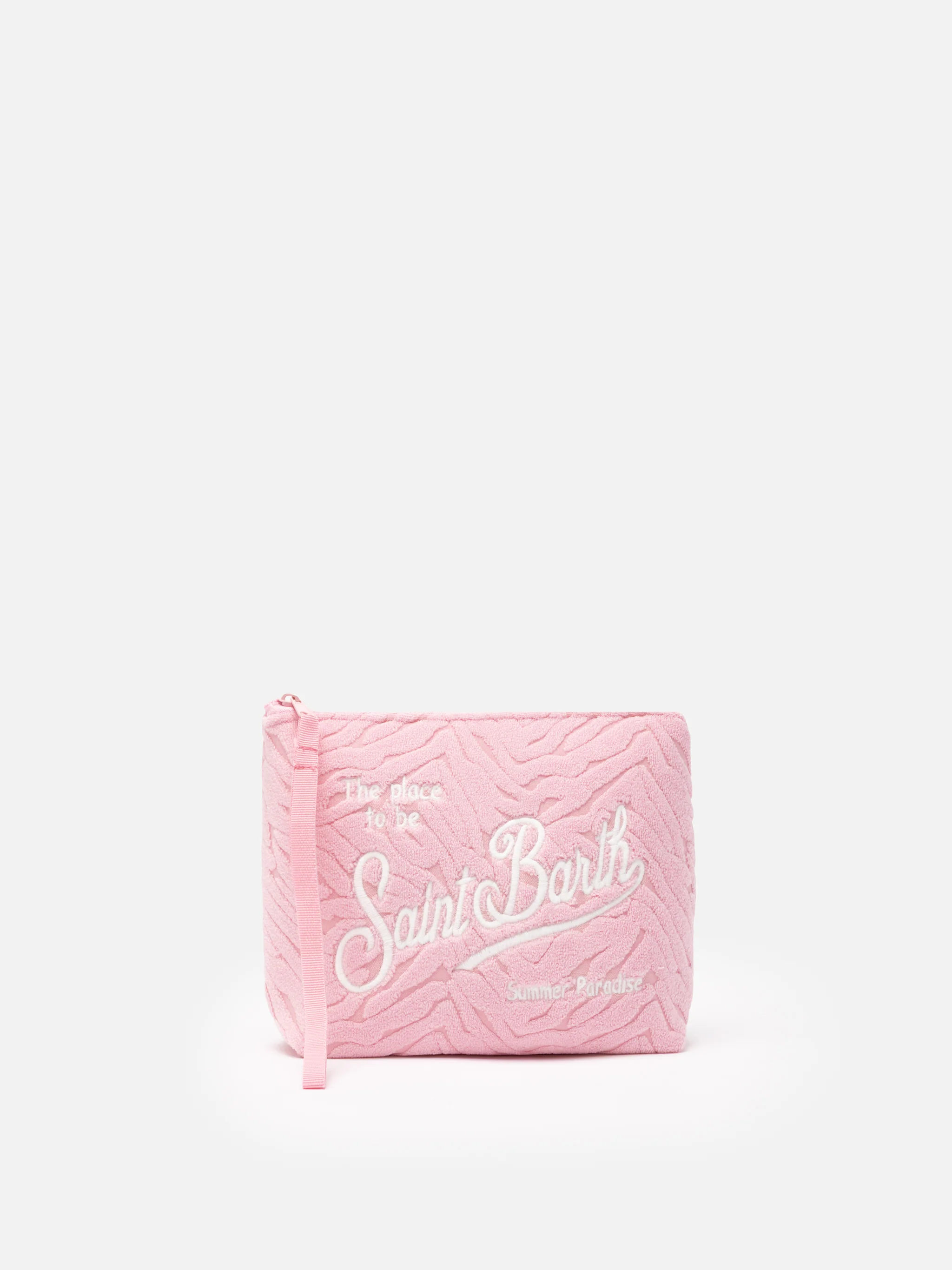 Aline clutch tas van roze spons met reliëf zebramotief