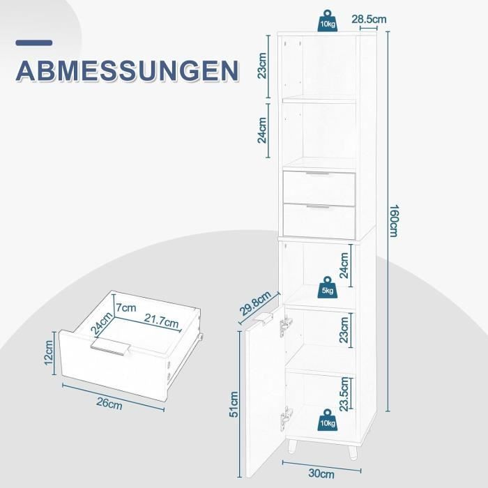 Columna de baño EUGAD en MDF, 3 compartimentos, 2 cajones y 1 armario con puerta, estante ajustable, blanco brillante, E0IG1032