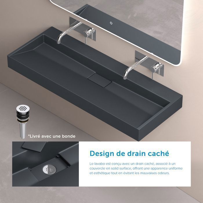 Lavabo suspendido con desagüe, lavabo de encimera, gris mate/negro, 120x46x11cm, lavabo rectangular, no requiere taladrado, Colossum19