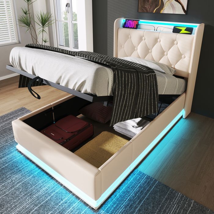 Cama LINKHOO, función LED envolvente de 360°, 90 x 200 cm, cabecero acolchado con función de carga USB tipo C (colchón no incluido).