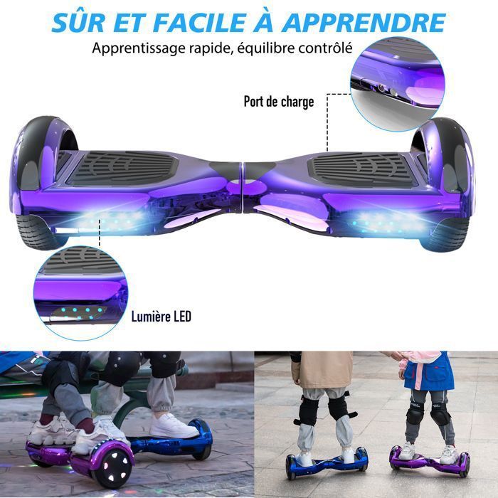 Hoverboard 6.5 Pouces avec Bluetooth et LED - RCB - Cadeau Parfait pour les Enfants Violet Chromé
