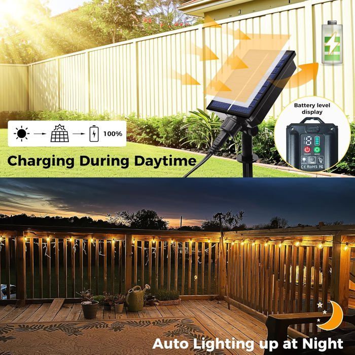 Guirnalda de luces solares para exteriores de 10 m, resistente al agua IP65, 4 modos de luz blanca cálida.