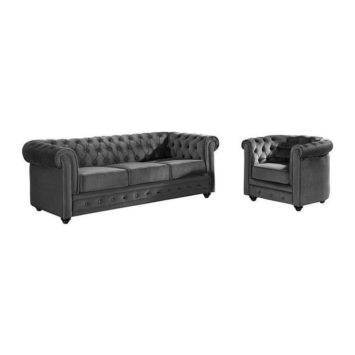 Sofá de 3 plazas y sillón Chesterfield - Terciopelo antracita