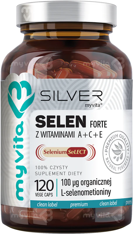 Cápsulas de suplemento alimentar MyVita Silver Selenium Forte com vitaminas A, C e E para fortalecer o sistema imunológico.