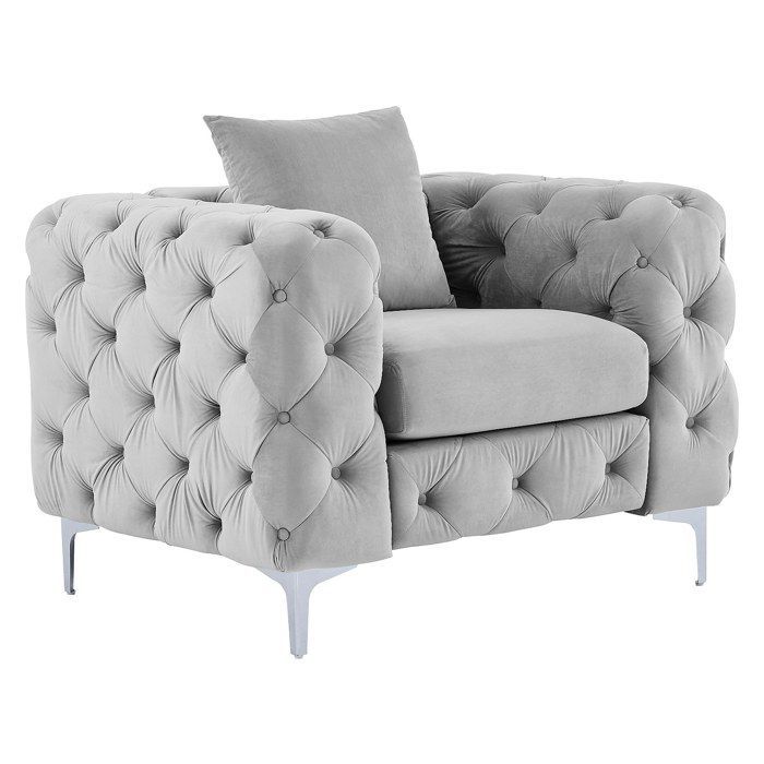 Sofá de 3 plazas y sillón EDWINA en terciopelo gris claro.