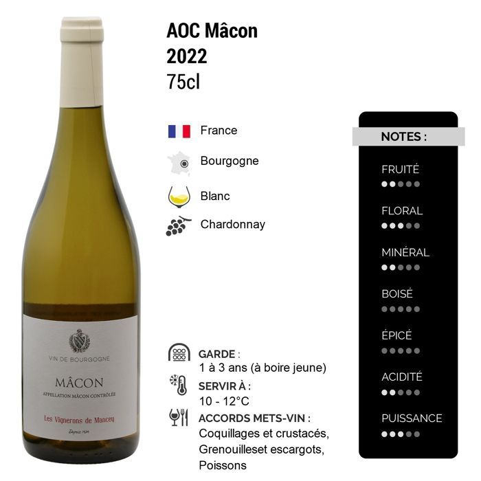 Les Vignerons de Mancey Mâcon 2022 - Vino Blanco Borgoña (6x75cl)