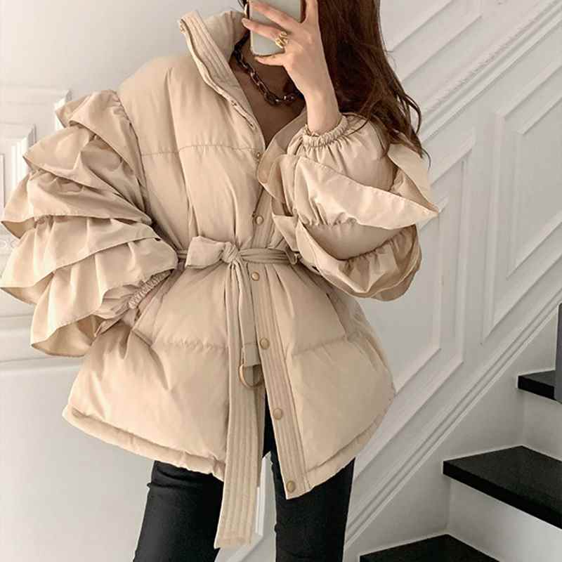 GALCAUR Cappotto invernale da donna con volant e patchwork, collo alto, maniche lunghe, tinta unita, allacciatura, abbigliamento femminile alla moda 2021