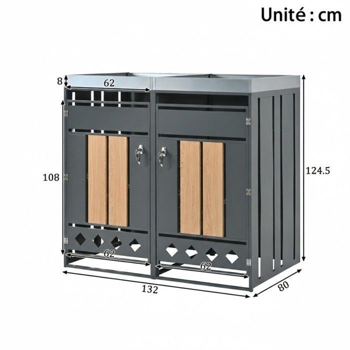 Cache-poubelle double - LANGTU - Double Jardinière - Acier galvanisé - Aspect bois gris - Verrouillable