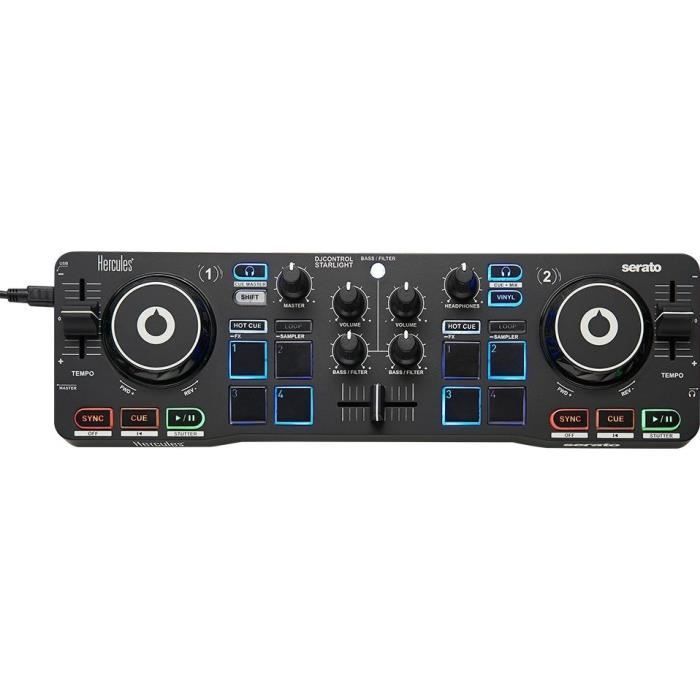 HERCULES DJ CONTROL STARLIGHT - Portable USB DJ Controller - 2 Decks - 8 Pads - Built-in Sound Card - Serato DJ Lite Included