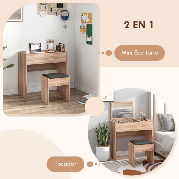 HOMCOM Coiffeuse avec Tabouret, Table de Maquillage avec Miroir, Plateau Abattant et Boîtes de Rangement, Naturelle