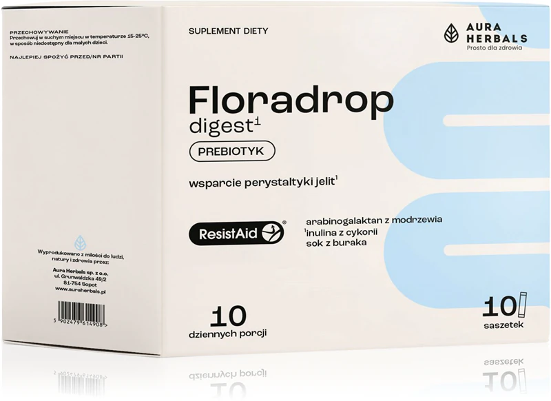Suplemento alimentar prebiótico Aura Herbals Floradrop Digest em sachê.