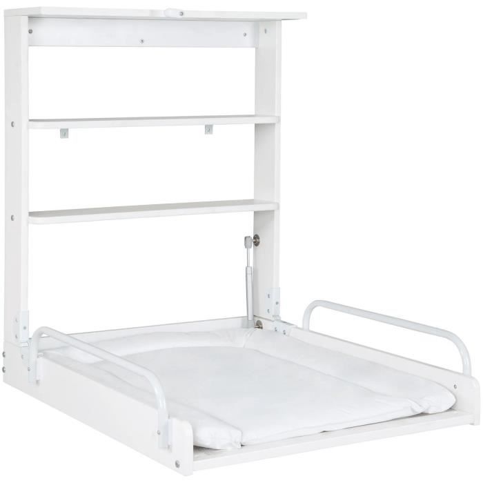 Table à langer murale rabattable - ROBA - Matelas imperméable inclus - 2 Étagères intégrées - Bois Laqué Blanc
