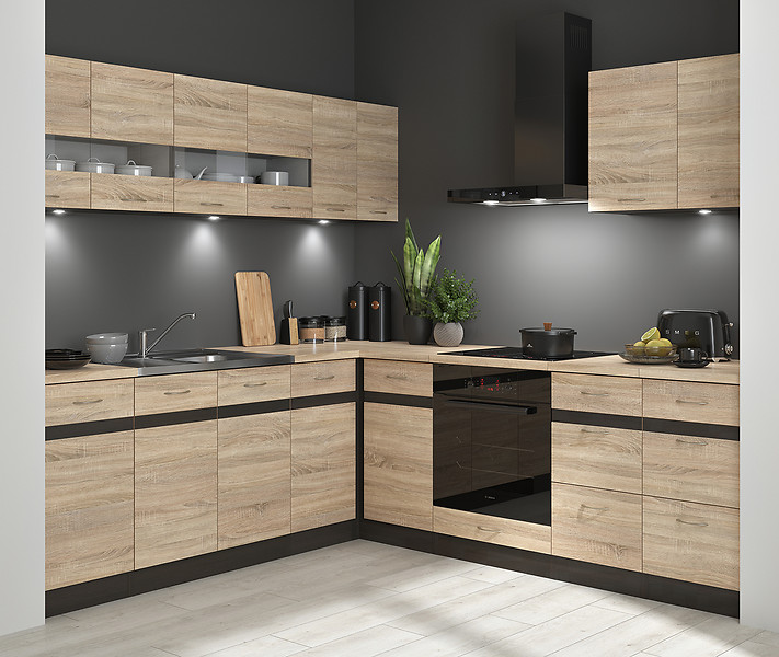 Komplet kuchenny narożny Junona Line 220x240 lewy dąb sonoma z blatem