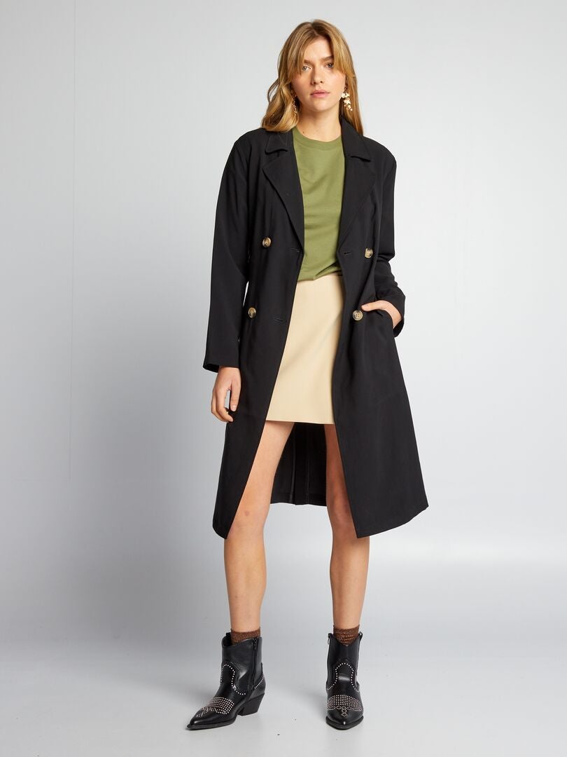 Trench coat macio com cinto - preto
