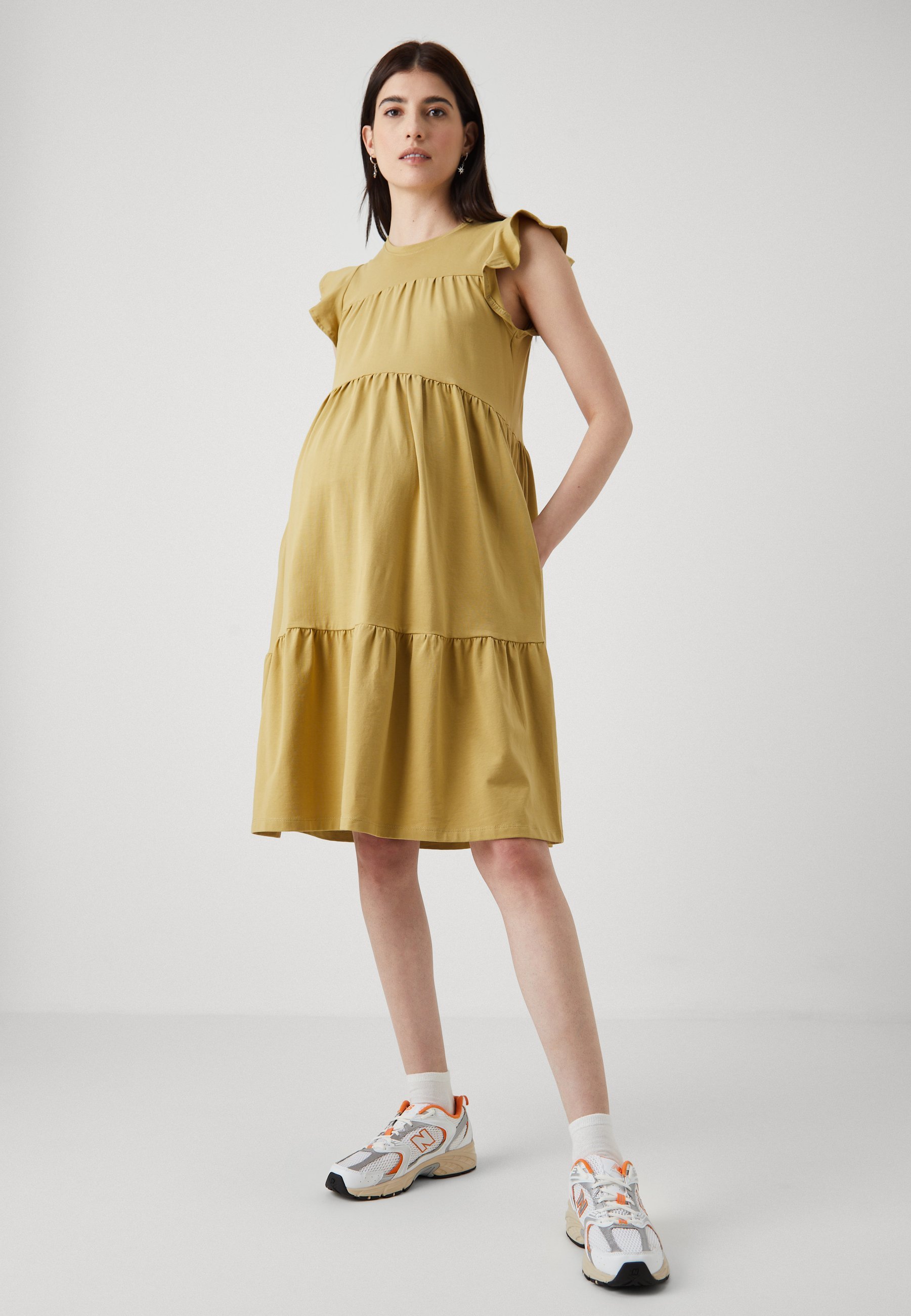 ABITO DA MATERNIA ONLY MATERNITY OLMEVELYN LIFE CON MANICHE A CAPPELLO E VOLANT - Abito in jersey - kaki