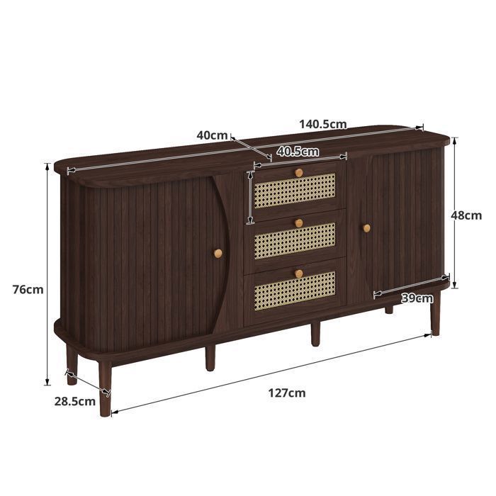 Buffet en Noyer 140 cm Commode en Rotin avec 3 Tiroirs de Rangement, 2 Portes et Étagères Réglables - pour Salon et Salle à Manger