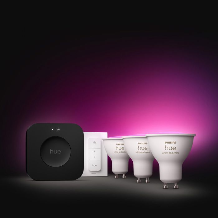 Kit de démarrage - PHILIPS HUE - Lumière blanche et ambiance colorée - 1 Bridge Pro + 3  3 spots GU10 400 lumens + 1 dimmer switch