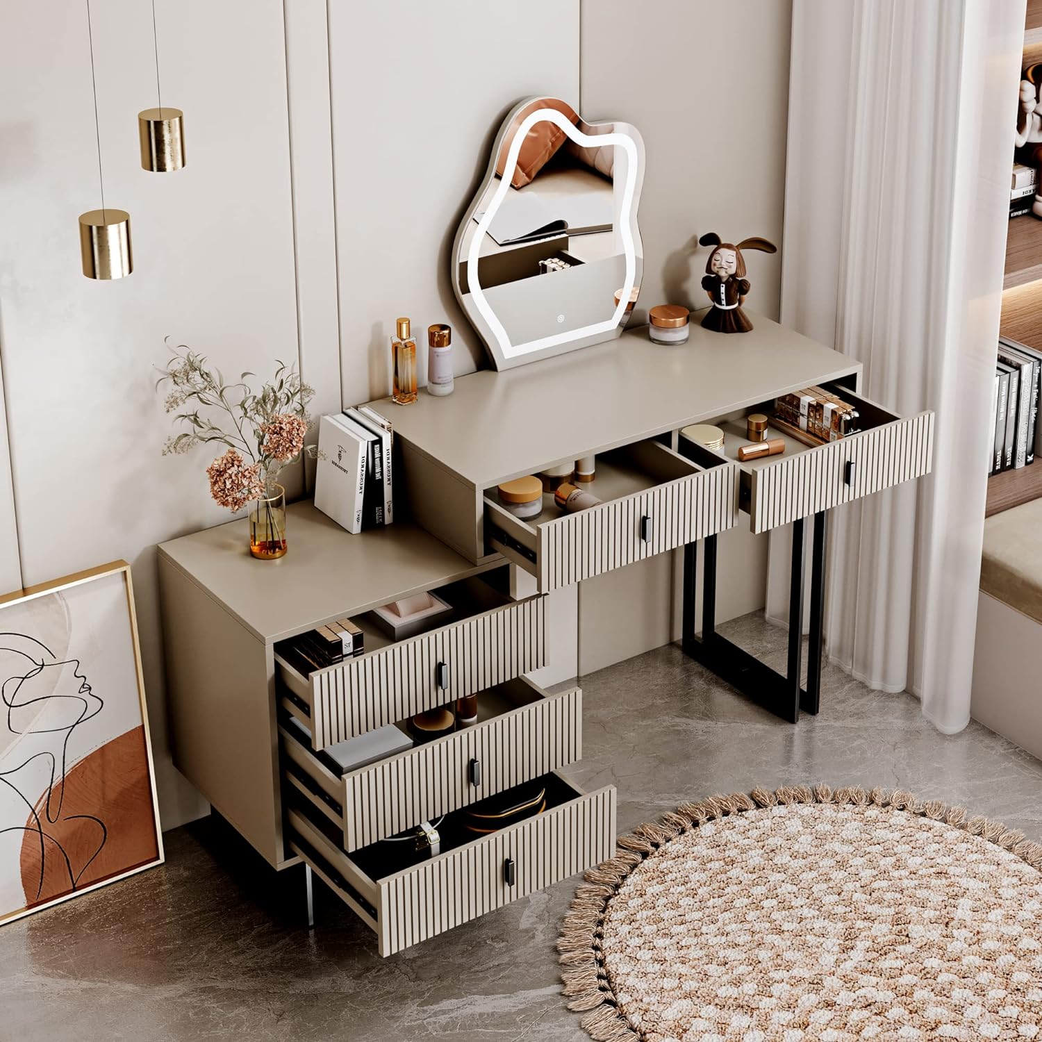 leejdn Commode met dimbare spiegel met 3 kleuren touchscreen, moderne make-upcommode met verstelbare kastjes en 4 schuifladen, geschikt voor de toiletruimte of slaapkamer.