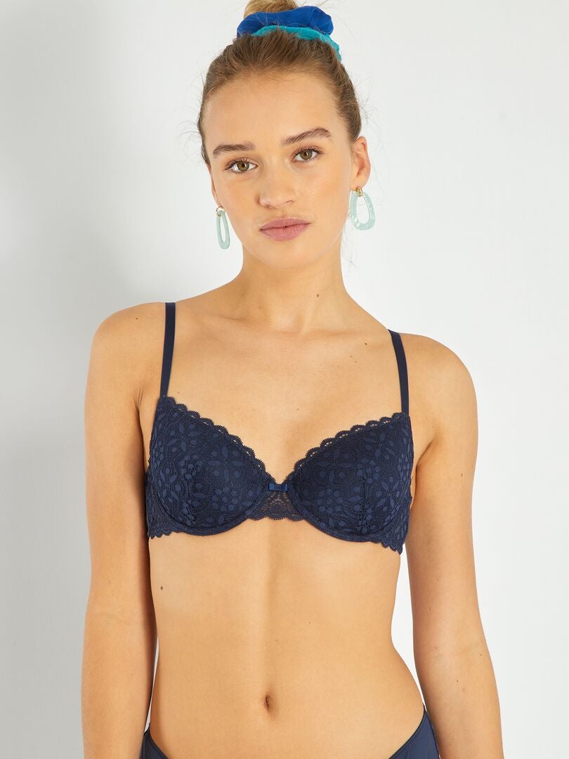 Sutiã acolchoado de renda - azul e preto