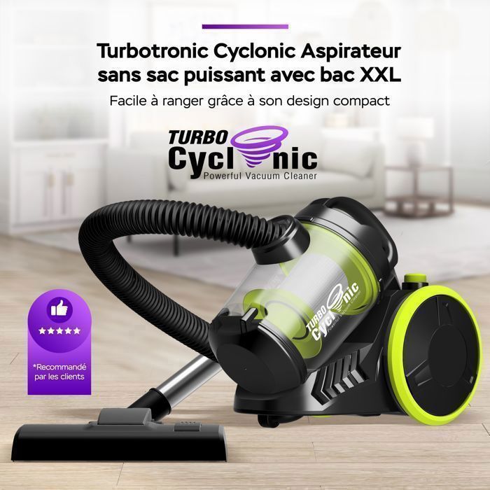 Aspirapolvere ciclonico a traino senza sacco TurboTronic CV07 – Potente e leggero – Per tappeti e pavimenti duri – Nero/Verde