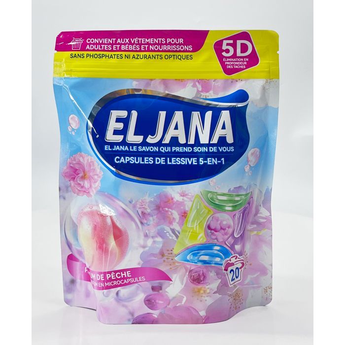 Cápsulas de detergente ELJANA 5 en 1, aroma a melocotón: ropa limpia y fresca.