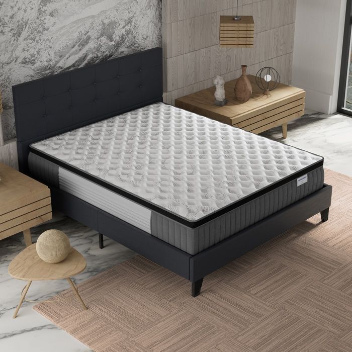 Colchón y cama (140x200cm) - Elekctra 30cm Muelles ensacados y espuma viscoelástica + Base de láminas y cabecero tapizados en negro