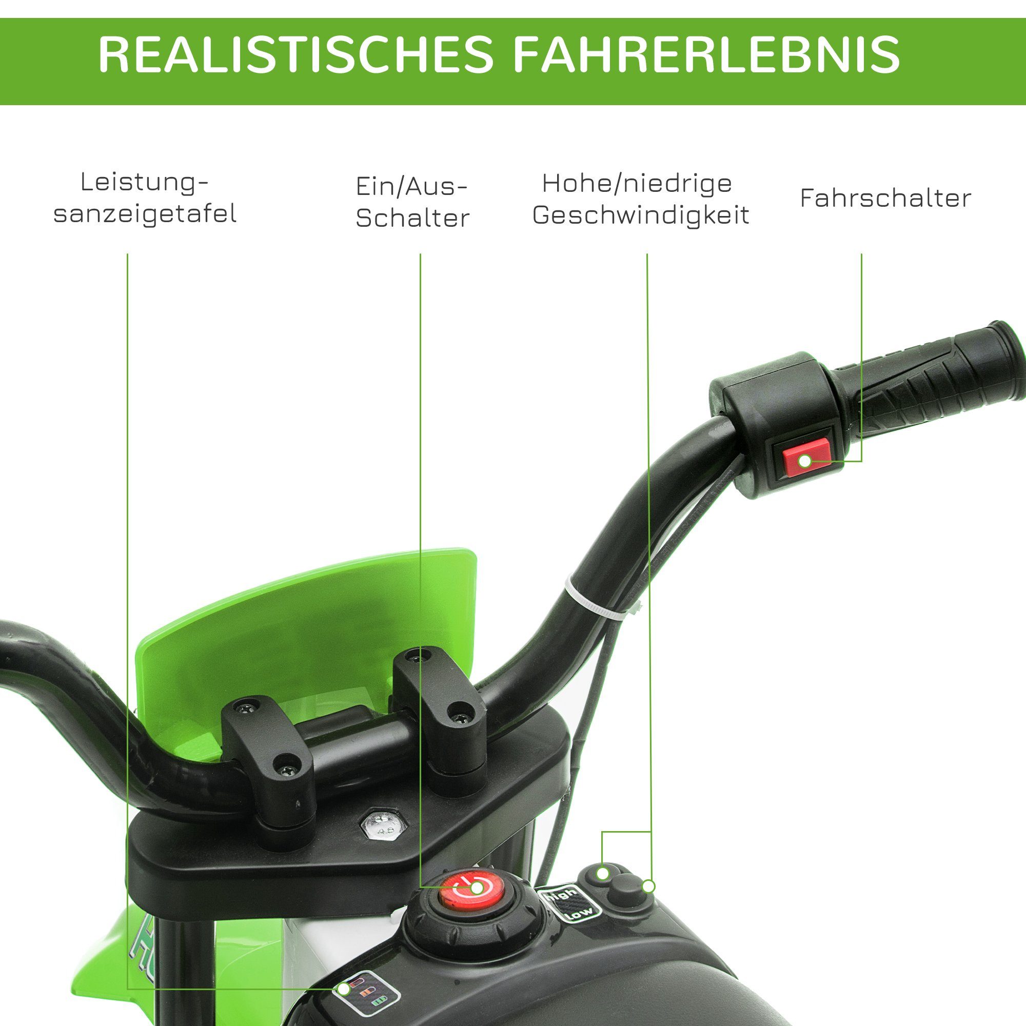 HOMCOM elektrisk barnemotorsykkel elektrisk kjøretøy med 2 avtakbare støttehjul for barn fra 3 år, lastekapasitet 30 kg, (1 stk), inkludert batteri og lader