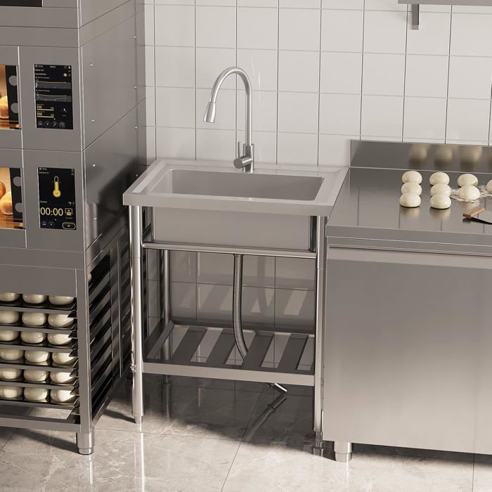 Fregadero de cocina de un solo seno con encimera de acero inoxidable con patas, fregadero con grifo de agua fría/caliente y escurridor para cocina de 72 x 51 x 87 cm.
