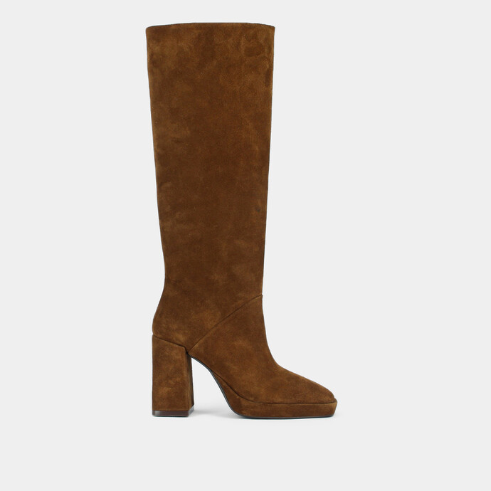 Bottes à talons hauts et bouts carrés  en croute cognac