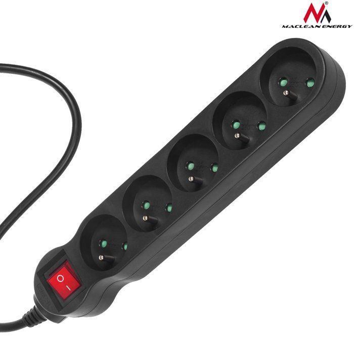 Regleta - Bloque - 5 enchufes - Interruptor - 5 m - Negra