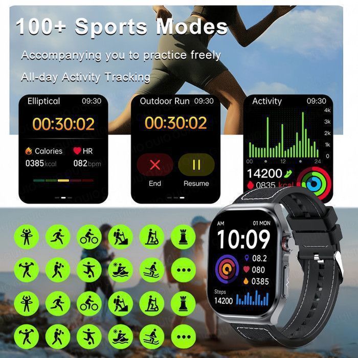 Smartwatch masculino com ECG, monitoramento de frequência cardíaca e índice de massa corporal (IMC), tela AMOLED de 2,04