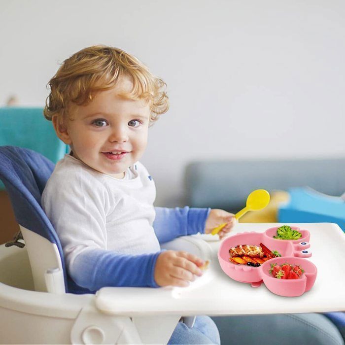 Prato de silicone com ventosa para bebês, com 3 compartimentos, próprio para lava-louças e micro-ondas (rosa)
