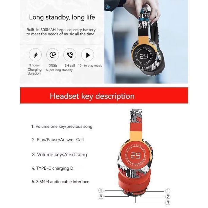 Cuffie LED wireless Bluetooth pieghevoli – Auricolari con cancellazione del rumore, bassi profondi, batteria a lunga durata, ideali per gaming/TV/sport, colore rosso