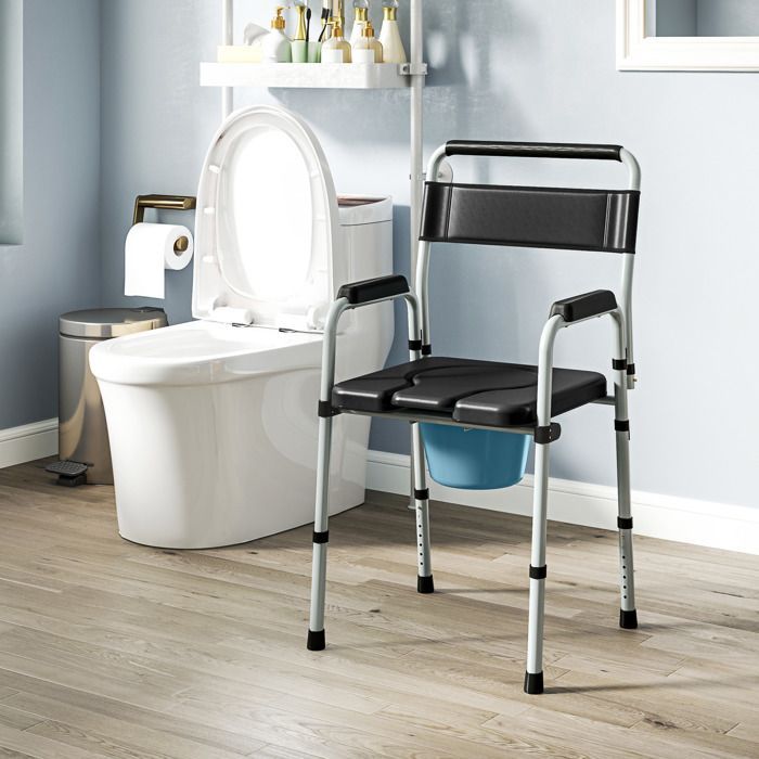 Silla inodoro HOMCOM - plegable y antideslizante - altura regulable, asiento y reposabrazos acolchados, capacidad de carga de 150 kg - negra