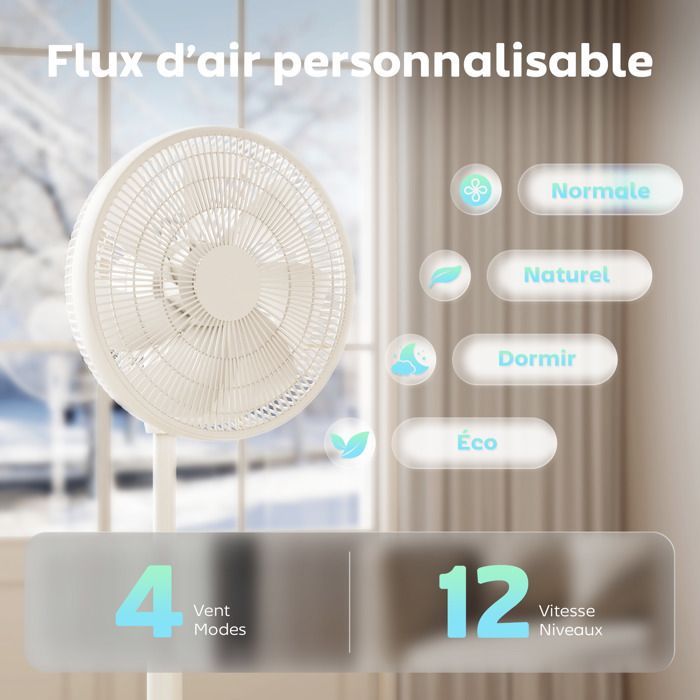 Ventilador de pedestal - HOMCOM - 12 velocidades, 4 modos, temporizador de 9 horas, oscilación de 120°, altura ajustable - ABS - 39x39x108cm - Blanco